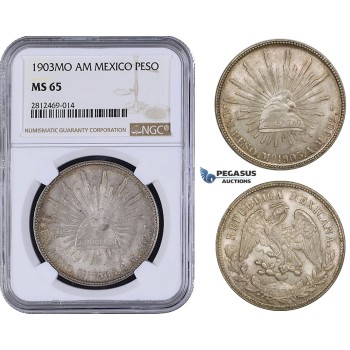 AA056, Mexico, Peso 1903 Mo AM, Mexico City, Silver, NGC MS65