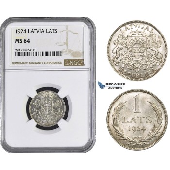 AA058, Latvia, 1 Lats 1924, Silver, NGC MS64
