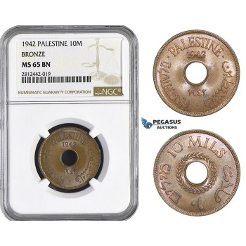 AA068, Palestine, 10 Mils 1942, London, Bronze, NGC MS65BN, Rare Grade! Pop 4/1