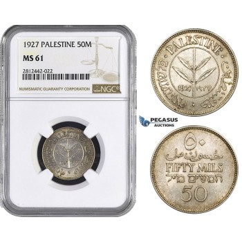AA071, Palestine, 50 Mils 1927, London, Silver, NGC MS61