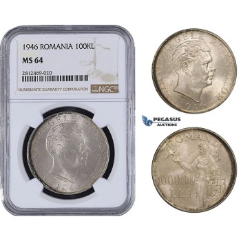 AA075, Romania, Mihai I, 100000 Lei 1946, Silver, NGC MS64