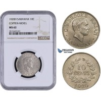 AA080, Sarawak, C.V. Brooke Rajah, 10 Cents 1920-H, Heaton, Copper-Nickel, NGC MS62