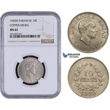 AA080, Sarawak, C.V. Brooke Rajah, 10 Cents 1920-H, Heaton, Copper-Nickel, NGC MS62