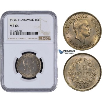 AA081, Sarawak, C.V. Brooke Rajah, 10 Cents 1934-H, Heaton, NGC MS64