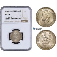 AA086, Southern Rhodesia (Zimbabwe) George VI, 1 Shilling 1939, Silver, NGC MS62, Pop 1/0, Finest! Rare!