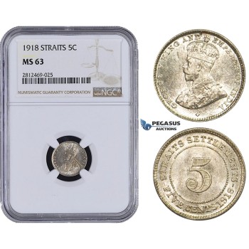 AA087, Straits Settlements, George V, 5 Cents 1918, Silver, NGC MS63