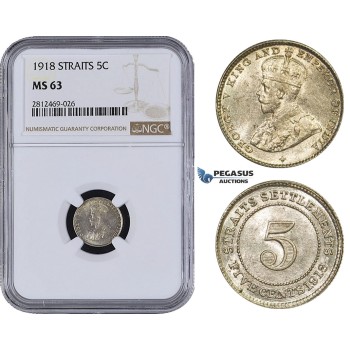 AA088, Straits Settlements, George V, 5 Cents 1918, Silver, NGC MS63