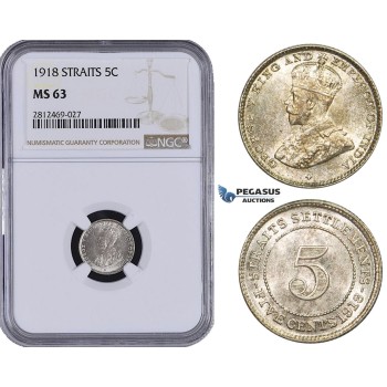 AA089, Straits Settlements, George V, 5 Cents 1918, Silver, NGC MS63