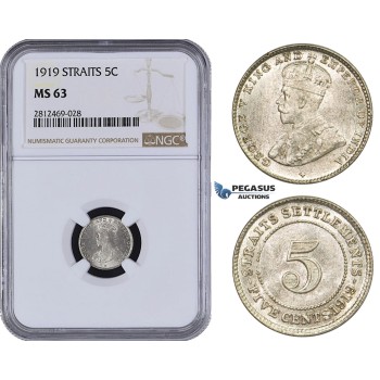 AA090, Straits Settlements, George V, 5 Cents 1919, Silver, NGC MS63