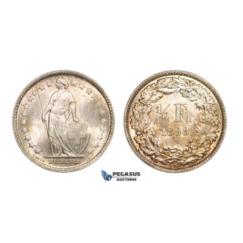 AA092, Switzerland, 1/2 Franc 1898-B, Bern, Silver, Ch UNC