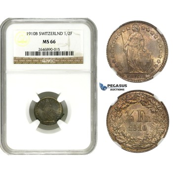 AA093, Switzerland, 1/2 Franc 1910-B, Bern, Silver, NGC MS66