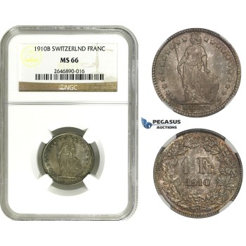 AA094, Switzerland, 1 Franc 1910-B, Bern, Silver, NGC MS66