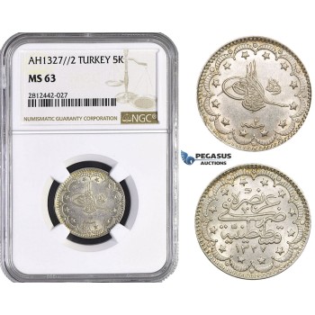 AA095, Ottoman Empire, Turkey, Mehmed Reshad V, 5 Kurush AH1327/2, Konstantiniye, Silver, NGC MS63