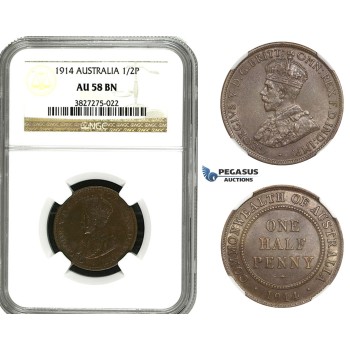 AA100, Australia, George V, Half Penny 1914, NGC AU58BN