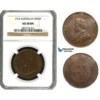 AA101 Australia, George V, Penny 1914, NGC AU58BN, Rare!