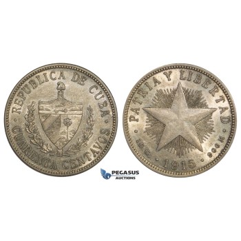 AA110, Cuba, 40 Centavos 1915, Philadelphia, Silver, Lustrous AU