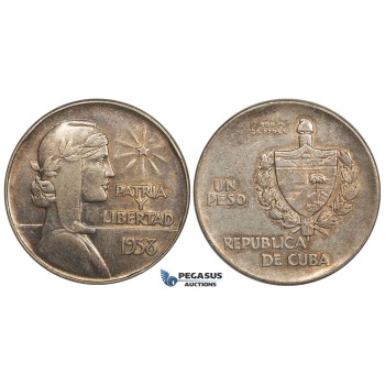 AA112, Cuba, ABC Peso 1938, Philadelphia, Silver, Toned AU (Bumps)