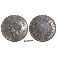 AA114, France, Third Republic, 5 Centimes 1874-A, Paris, Lightly cleaned aUNC