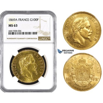 AA115, France, Napoleon III, 100 Francs 1869-A, Paris, Gold, NGC MS63, Rare!