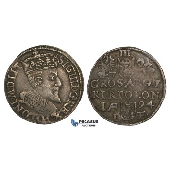 AA131, Poland, Sigismund III, 3 Groschen (Trojak) 1594 I-F, Olkusz, Silver (2.25g) Dark toning, VF