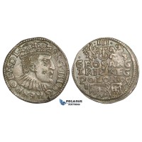 AA133, Poland, Sigismund III, 3 Groschen (Trojak) 1595 I/FS/C, Bydgoszcz (Bromberg), Silver (2.43g) Cabinet toning, AU AA133, Poland, Sigismund III, 3 Groschen (Trojak) 1595 I/FS/C, Bydgoszcz (Bromberg), Silver (2.43g) Cabinet toning, AU