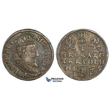 AA134, Poland, Sigismund III, 3 Groschen (Trojak) 1595 I-F, Olkusz, Silver (2.27g) Dark toning, VF+