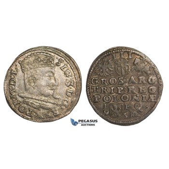 AA135, Poland, Sigismund III, 3 Groschen (Trojak) 1595 I-F, Lublin, Silver (2.21g) Lustrous aXF