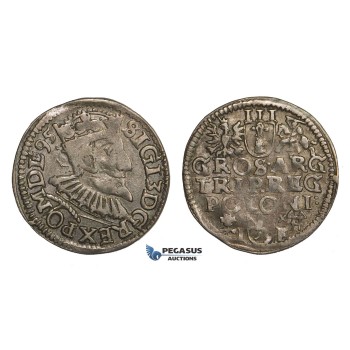 AA137, Poland, Sigismund III, 3 Groschen (Trojak) 1595 I-F, Wschowa (Fraustadt) Silver (2.43g) VF