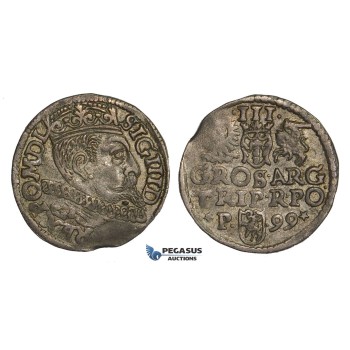 AA143, Poland, Sigismund III, 3 Groschen (Trojak) 1599-P, Poznan (Posen), Silver (2.40g) Dark toning, XF