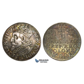 AA146, Poland, Sigismund III, 3 Groschen (Trojak) 1600 K, Cracow, Silver (2.39g) Raibow Toning, XF