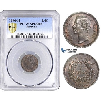 AA161, Sarawak, C. Brooke Rajah, 1/4 Cent 1896-H, Heaton, PCGS SP63BN, Pop 1/1, Rare!
