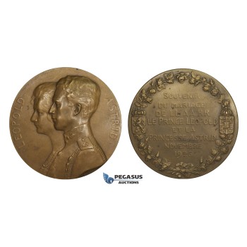 AA173, Belgium, Bronze Medal 1926 (Ø70mm, 120g) by Devreese, Leopold & Astrid of Sweden Wedding