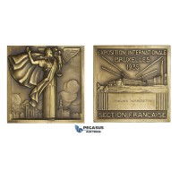 AA174, Belgium, Bronze Art Deco Plaque Medal 1935 (63.5x63.5mm, 155g) by Turin, French Section