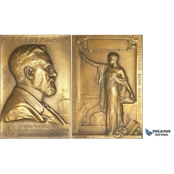 AA219, Sweden, Bronze Art Nouveau Plaque Medal 1908 (76x52mm, 132g) by Lindberg, Electricity, Cedergren