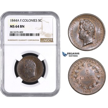 AA243, French Colonies, Louis Philippe I, 5 Centimes 1844-A, Paris, NGC MS64BN