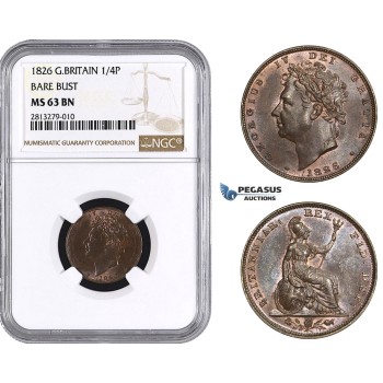 AA244, Great Britain, George IV, Farthing (1/4P) 1826 (Bare Bust) NGC MS63BN