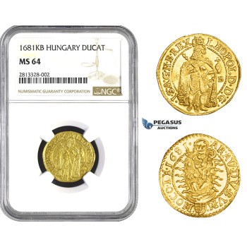 AA254, Hungary, Leopold, Ducat 1681-KB, Kremnitz, Gold, NGC MS64, Pop 1/0, Finest! Rare!