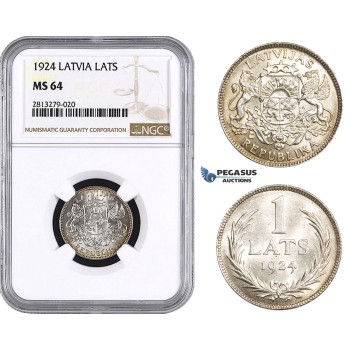 AA257, Latvia, 1 Lats 1924, Silver, NGC MS64