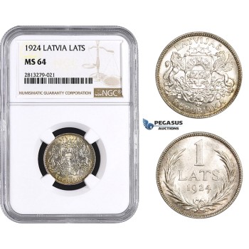 AA258, Latvia, 1 Lats 1924, Silver, NGC MS64