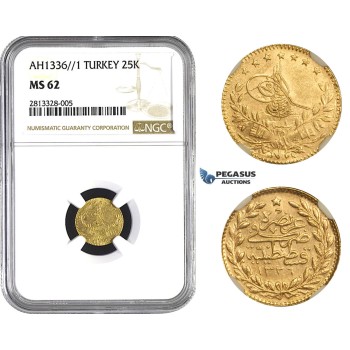 AA272, Ottoman Empire, Turkey, Mehmed Vahdeddin VI, 25 Kurush AH1336/1, Qustantiniya, Gold, NGC MS62