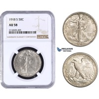 AA276-R, United States, Walking Liberty Half Dollar (50C) 1918-S, San Francisco, Silver, NGC AU58 (Looks better)