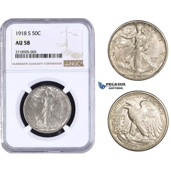 AA276-R, United States, Walking Liberty Half Dollar (50C) 1918-S, San Francisco, Silver, NGC AU58 (Looks better)