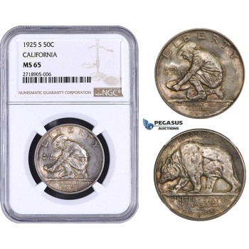 AA277, United States, Half Dollar (50C) 1925-S, San Francisco, Silver, California Jubilee, NGC MS65 (cabinet toning)