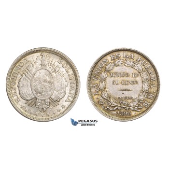 AA281, Bolivia, 50 Centavos 1899 PTS MM, Potosi, Silver, Toned aUNC