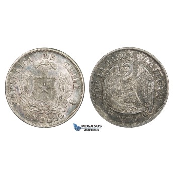 AA284, Chile, Peso 1876-SO, Santiago, Silver, Strong toning, VF-XF