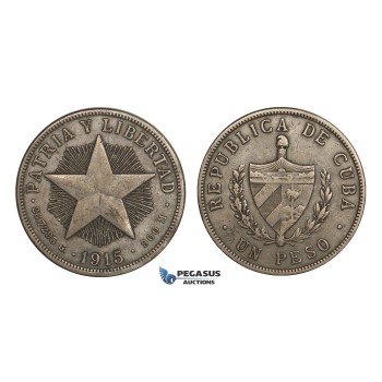 AA285, Cuba, Star Type Peso 1915, Philadelphia, Silver, VF