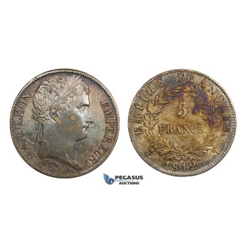 AA288, France, Napoleon, 5 Francs 1812-T, Nantes, Silver, Rainbow toning, XF