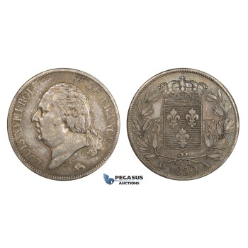 AA290, France, Louis XVIII, 5 Francs 1820-A, Paris, Silver, Toned VF-XF