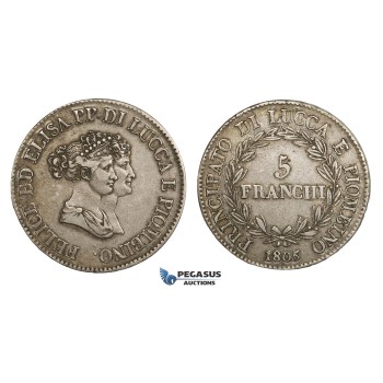 AA296, Italy, Lucca & Piombino, Felix & Elisa, 5 Franchi 1805, Silver, VF+