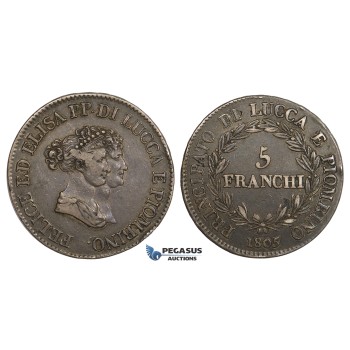 AA297, Italy, Lucca & Piombino, Felix & Elisa, 5 Franchi 1805, Silver, Toned VF